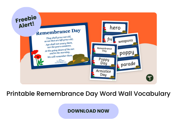A free primary school teaching resource called 'Printable Remembrance Day Word Wall Vocabulary'