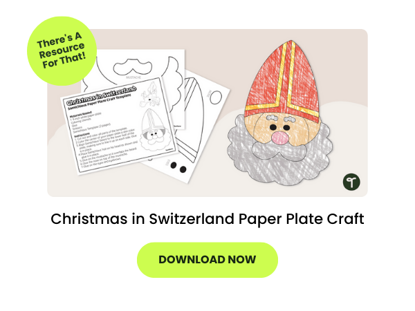 Text reads Christmas in Switzerland Paper Plate Craft under a picture of the craft with a Swiss Santa
