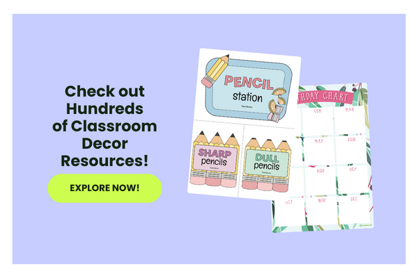 An organge bubble with classroom decor resources overlayed and text 'Check out Hundreds of Classroom Decor Resources!'