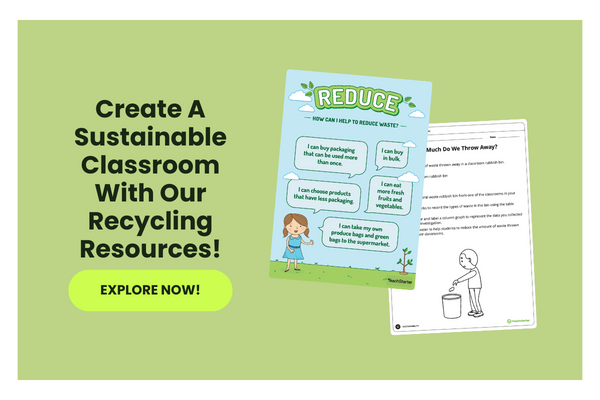 A green square with the text 'Create a Sustainable Classroom with our Recycling Resources!'