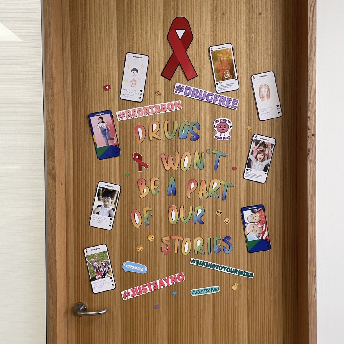 Drugs Won't Be a Part of My Story Red Ribbon Week door decor close up