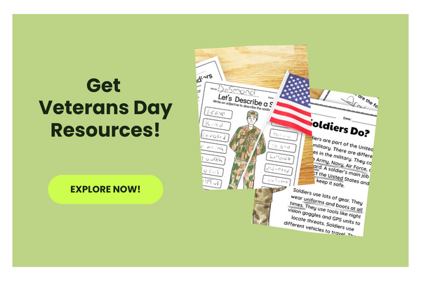 Text reads Get Veterans Day resources beside 2 photos of Veterans Day activities completed by kids