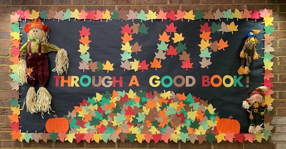 Leaf Through a Good Book bulletin board with paper leaves