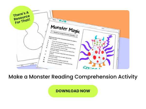 Text reads Make a Monster Reading Comprehension Activity below a photo of the monster activity. Beneath is a download now button