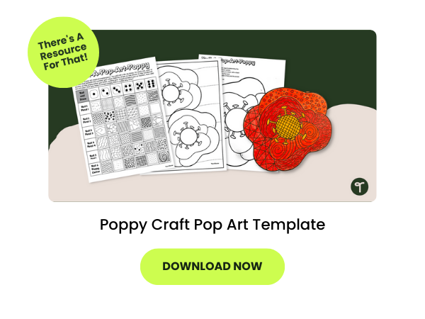 Text reads Poppy Craft Pop Art Template beneath a picture of the poppy craft for Veterans Day