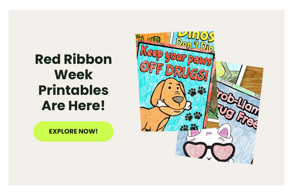 Text reads Red Ribbon Week Printables Are Here! beside photos of Red Ribbon Week activities