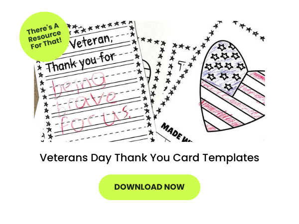 Text reads Veterans Day Thank You Card Templates beneath a photo of kids' cards for veterans