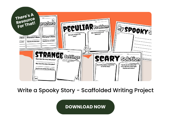 Write a Spooky Story resource preview with dark green 