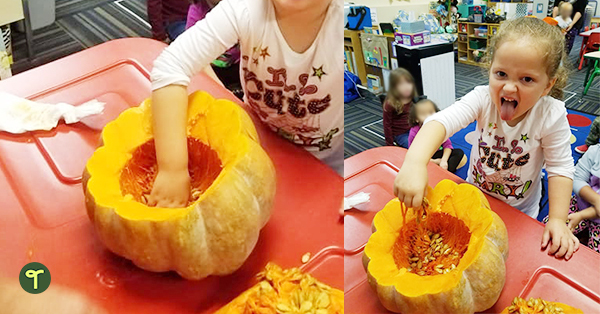 a kid sticks out her tongue while carving pumpkins in a school classroom during a halloween party