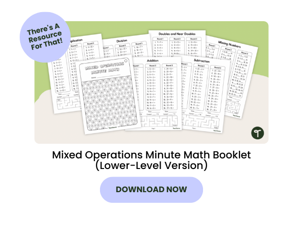 Mixed Operations Minute Math Booklet preview with purple 