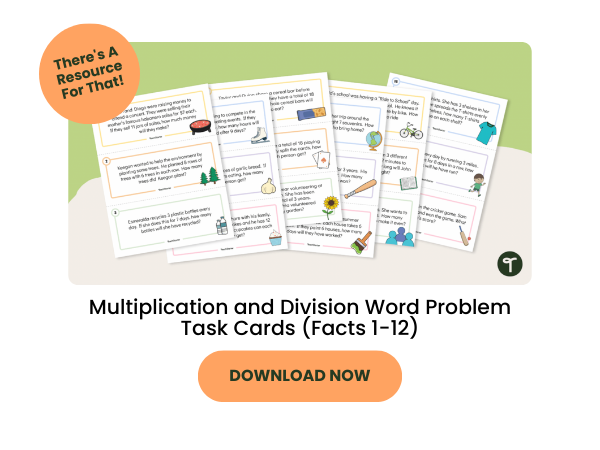 Multiplication and Division Word Problem Task Cards (Facts 1-12) with orange 