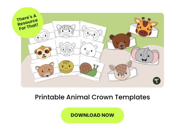 Text reads Printable Animal Crown Templates beneath an image of different animal crowns