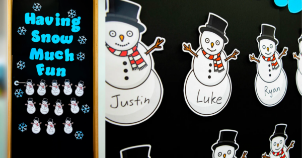 Snowman Door Decor with student names on snowmen