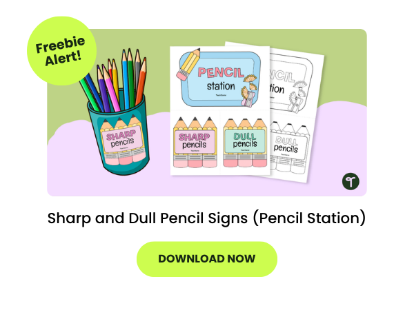 A primary teaching resource called 'sharp and dull pencil signs (pencil station)