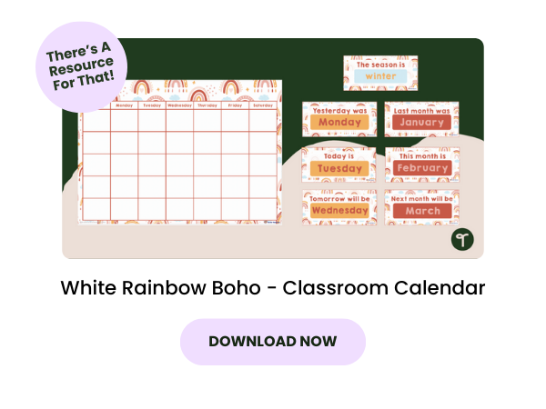 A primary school teaching resource 'White Rainbow Boho - Classroom Calendar'
