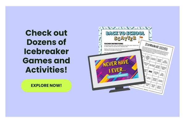 A purple bubble with the text 'Check out Dozens of Icebreaker Games and Activities!'