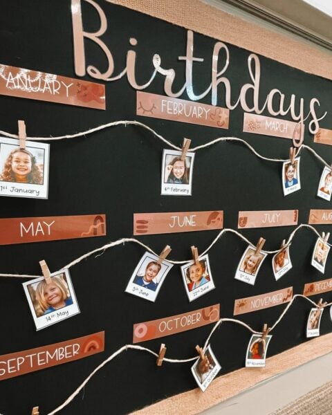 A boho-themed birthday classroom display with class photos