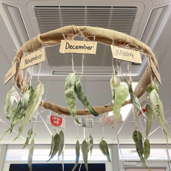 A classroom birthday chart mobile made of cardboard and leaves. 