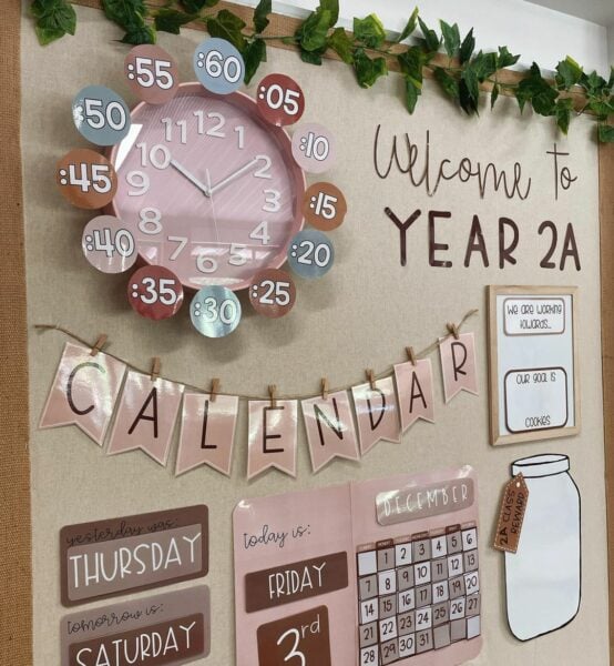 A neutral-themed classroom display board