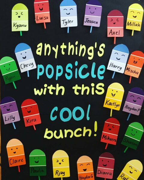 A classroom door decoration display with colourful popsicles and the title 'Anthing's popsicle with this cool bunch!'