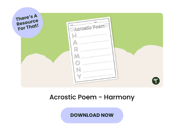 A primary teaching resource called: Acrostic Poem - Harmony