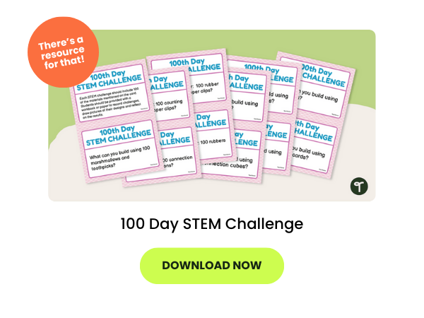 A set of 100 Day Stem Challenge task cards on a green background that says 