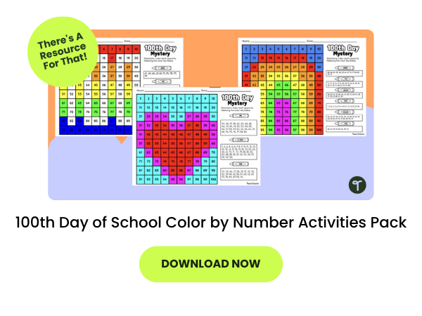 Text reads 100th Day of School Color by Number Activities Pack below an image of the activities. There is also a green download now button. 