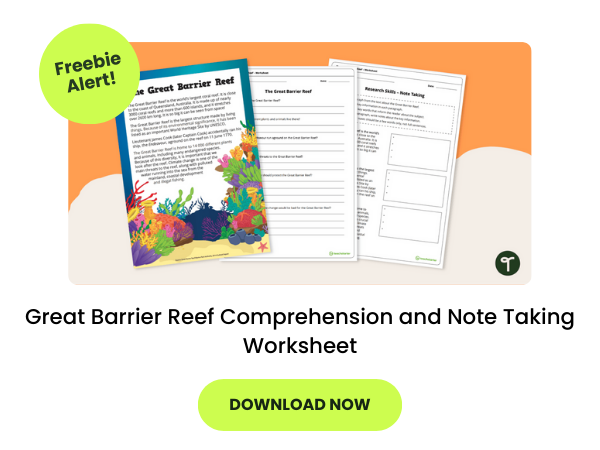A primary teaching resource called 'Great Barrier Reef Comprehension and Note taking Worksheet'