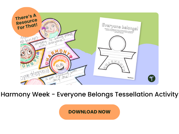 A primary school teaching resource called: Harmony Week - Everyone Belongs Tessellation Activity