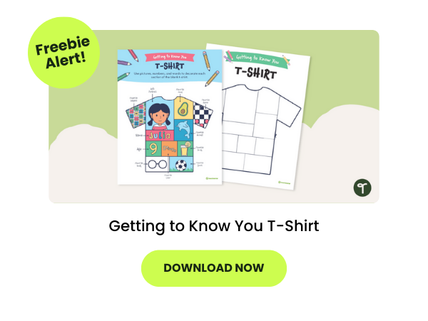 A primary teaching resource called 'Getting to Know You T-Shirt'