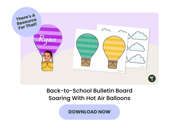 Back-to-School Bulletin Board Soaring With Hot Air Balloons with purple 