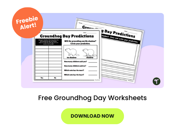 The words Free Groundhog Day Worksheets appear beneath images of the worksheets