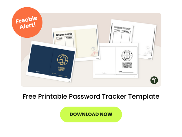 The word Free Printable Password Tracker Template appear beneath an image of the password tracker. There is a green download now button below the text.