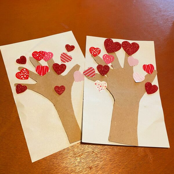 Heart Trees Valentines Craft on wooden table