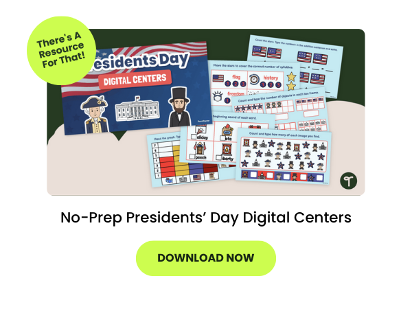 the words No-Prep Presidents’ Day Digital Centers appear beneath slides from the activities