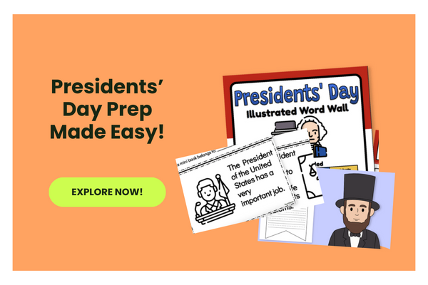 The words Presidents’ Day Printables & Activities appear beside images of different elementary school activities 
