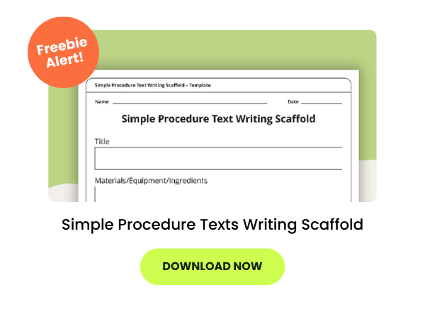 The words Simple Procedure Texts Writing Scaffold appear beneath the free worksheet