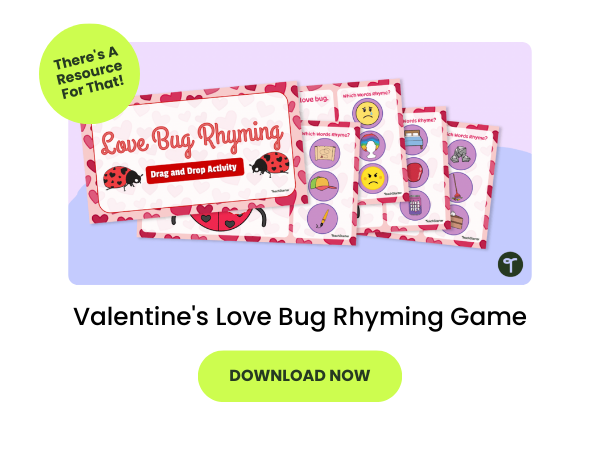 Valentine's Love Bug Rhyming Game with green 