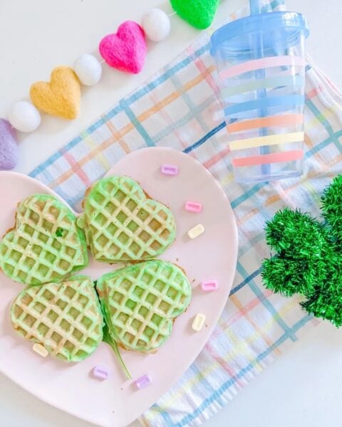 Green waffle on pink plate