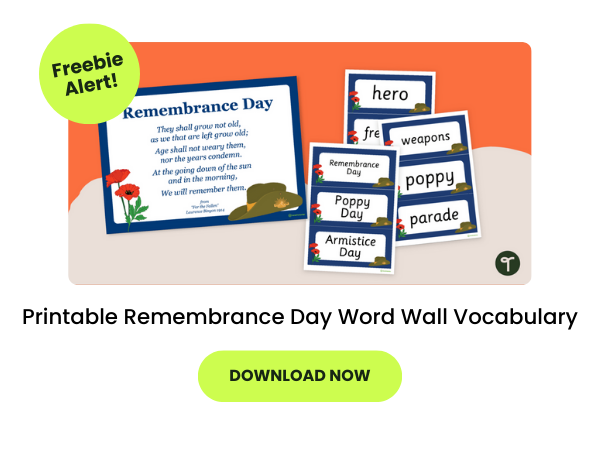 A primary school resource called 'Printable Remembrance Day Word Wall Vocabulary'