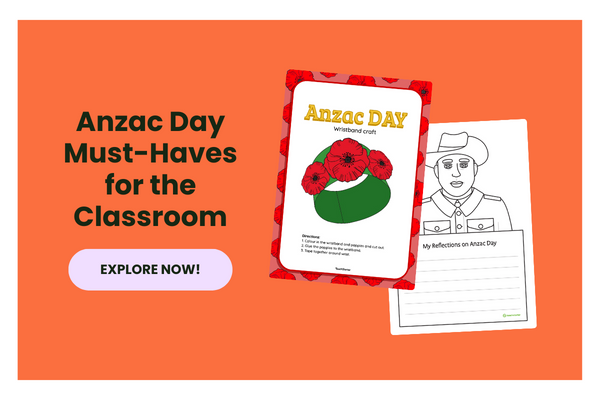 An orange bubble with the text 'Anzac Day must-haves for the classroom'