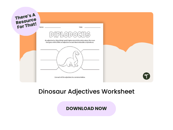 A primary teaching resource called 'Dinosaur Adjectives Worksheet'