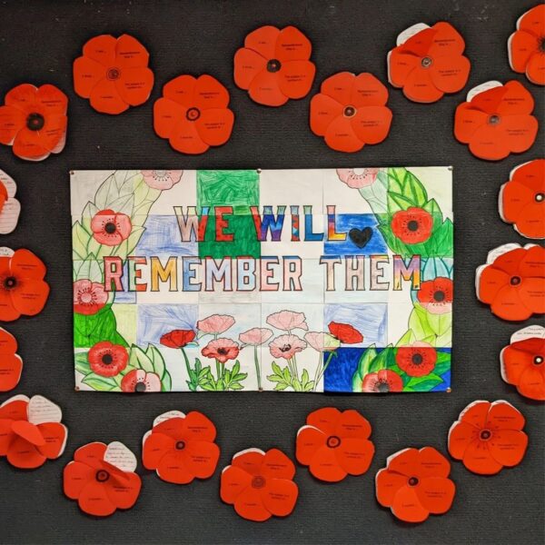 A poster artwork with the words 'We will remember them' and red poppy paper crafts scattered around