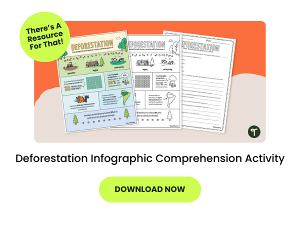 A primary teaching resource called 'Deforestation Infographic Comprehension Activity'