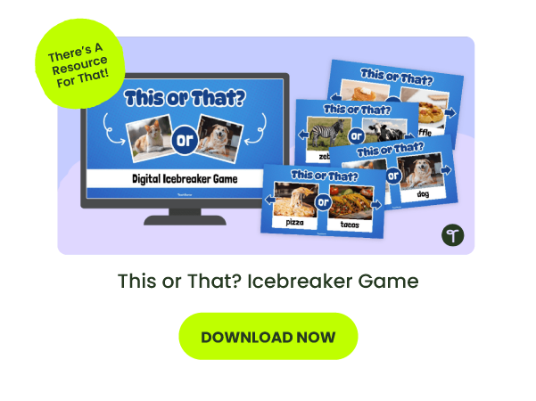 A computer screen with a This or That Icebreaker Game on the screen with 4 this or that game slides out beside it with a green download now button underneath. 