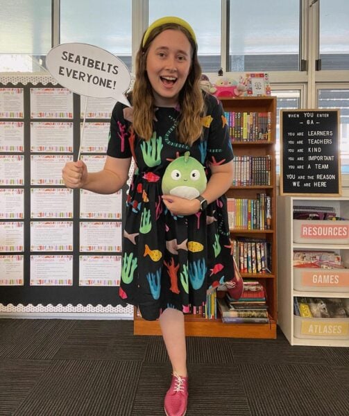 A woman dressed as Ms Frizzle for Book Week