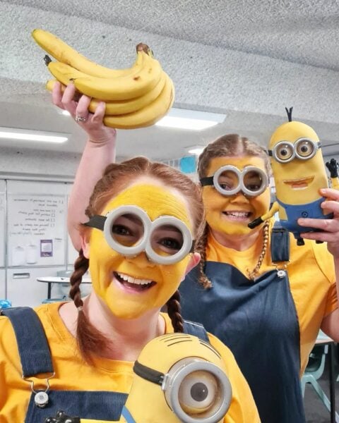 Two woman dressed up as yellow Minion characters for Book Week