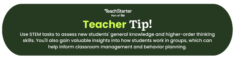Teacher Tip: Use STEM tasks to assess new students' general knowledge and higher-order thinking skills. You'll also gain valuable insights into how students work in groups, which can help inform classroom management and behavior planning. In dark green bubble.