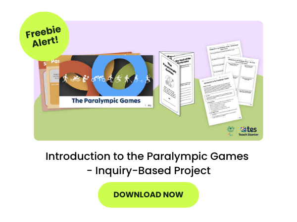 A green and purple call-out with a primary teaching resource called 'Introduction to the Paralympic Games - Inquiry-Based Project'