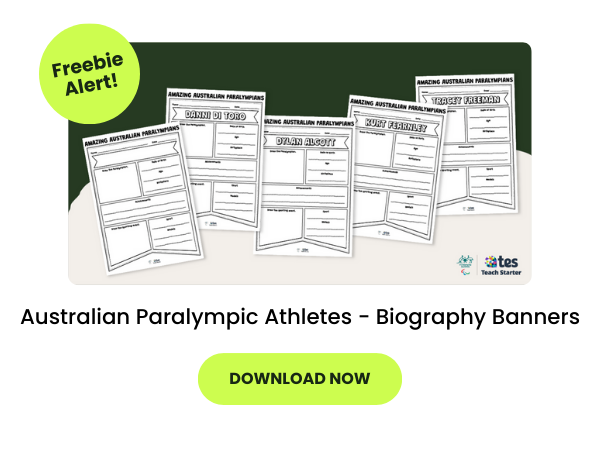 A dark green bubble with a primary school resource called 'Australian Paralympic Athletes - Biography Banners'